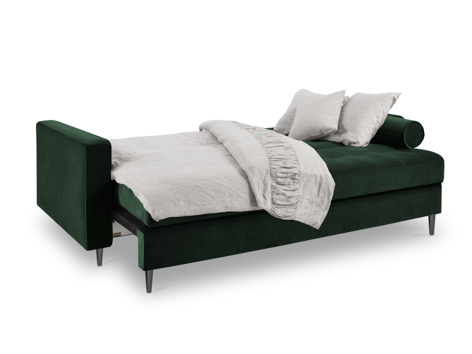 Modernes 3-Sitzer Bettsofa Aspen in stilvollem Grün, perfekt für entspannte Abende und bietet zusätzlichen Stauraum für Ihre Wohnaccessoires.