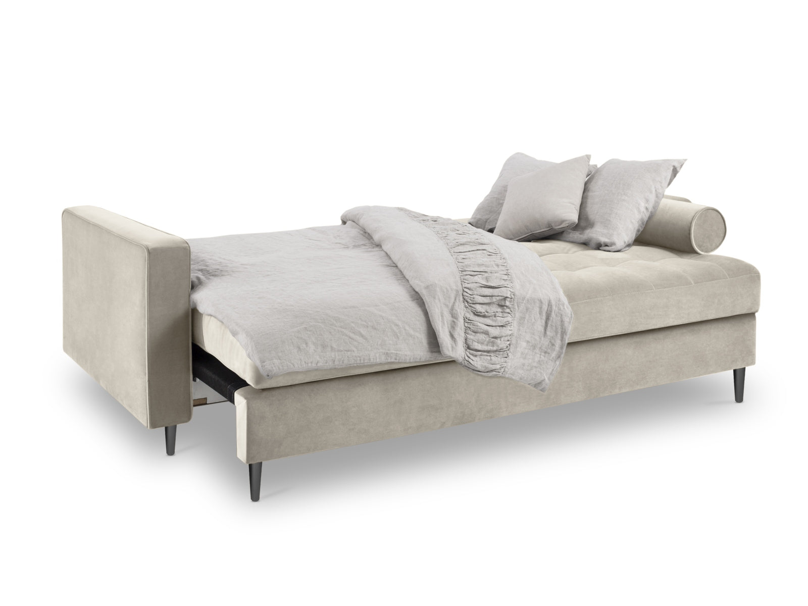 Elegantes 3-Sitzer Sofa Aspen in Dunkelbeige mit praktischer Schlaffunktion und Stauraum, ideal für modernes Wohnen.