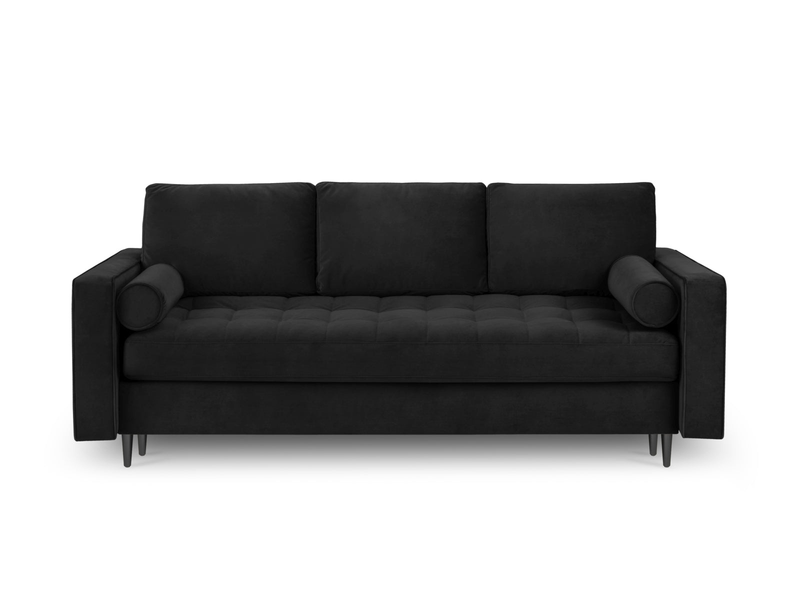 Modernes 3-Sitzer Sofa Aspen in stilvollem Schwarz, kombiniert Komfort mit Funktionalität durch Schlaffunktion und integrierten Stauraum.