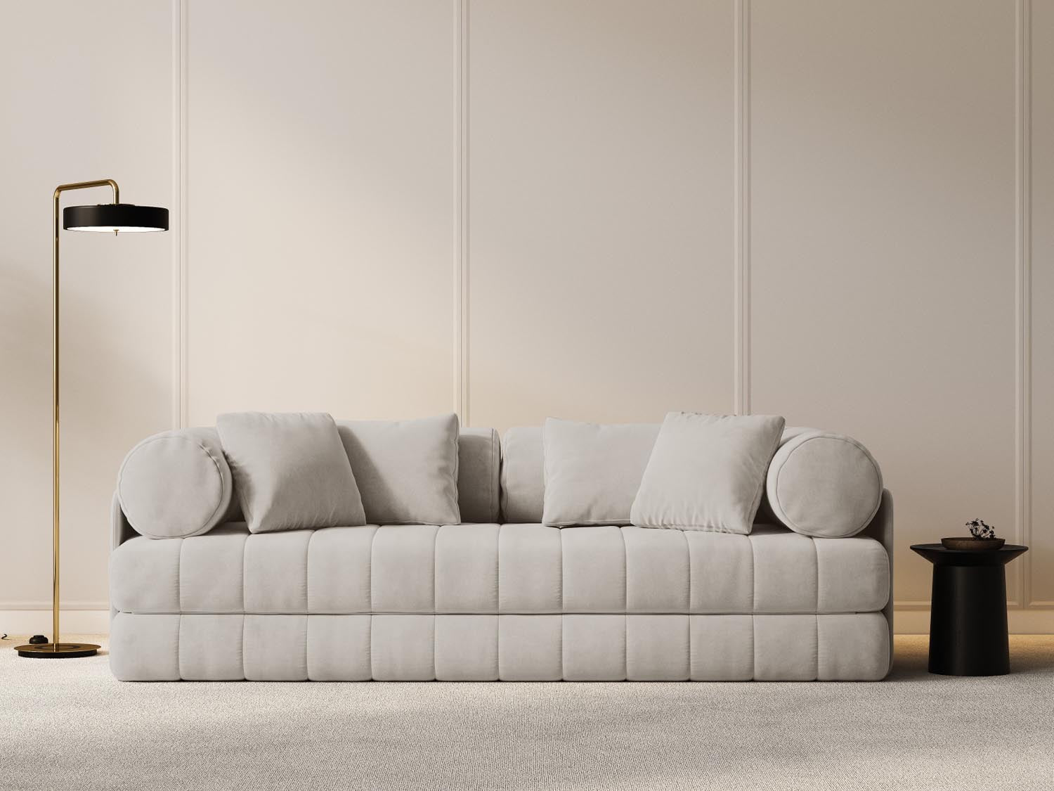 Beige Kemi Velour Sofa mit Schlaffunktion, 3-Sitzer, stilvolles Bettsofa von Cosmopolitan Design, ideal für modernes Wohnen.
