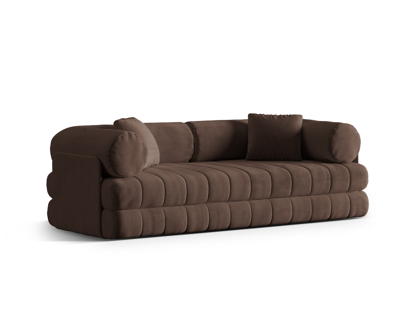 Stilvolles 3-Sitzer Sofa Kemi aus Velours in edlem Braun, vielseitig einsetzbar mit praktischer Schlaffunktion für Gäste.