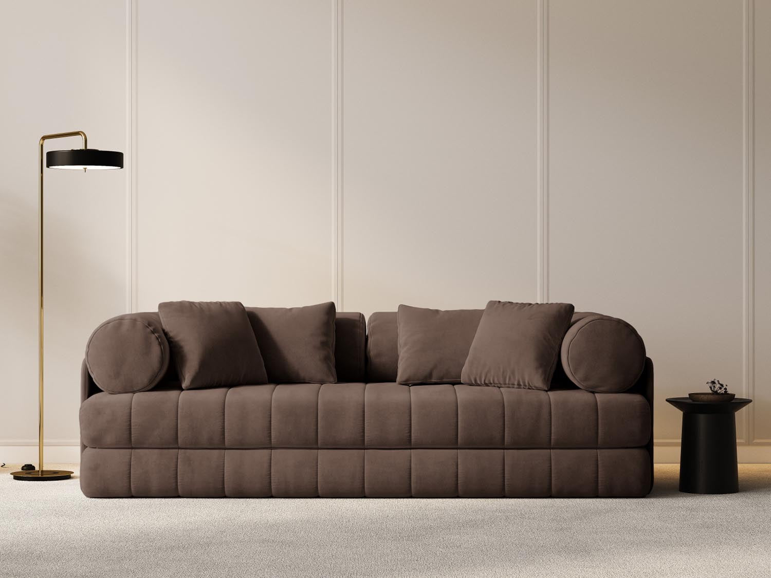 Kemi Velour Sofa mit Schlaffunktion 3 Sitzer in Chocolate präsentiert im Onlineshop von KAQTU Design AG. Bettsofa ist von Cosmopolitan Design