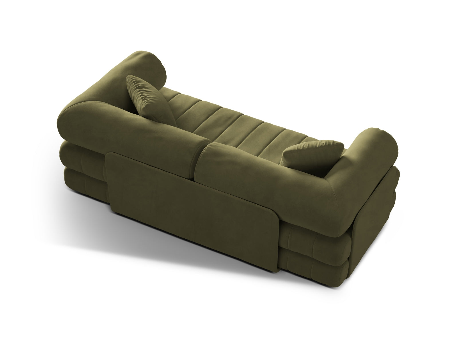 Stilvolles 3-Sitzer Sofa Kemi aus Velours in sattem Grün, multifunktional mit Schlaffunktion für gemütliche Nächte.