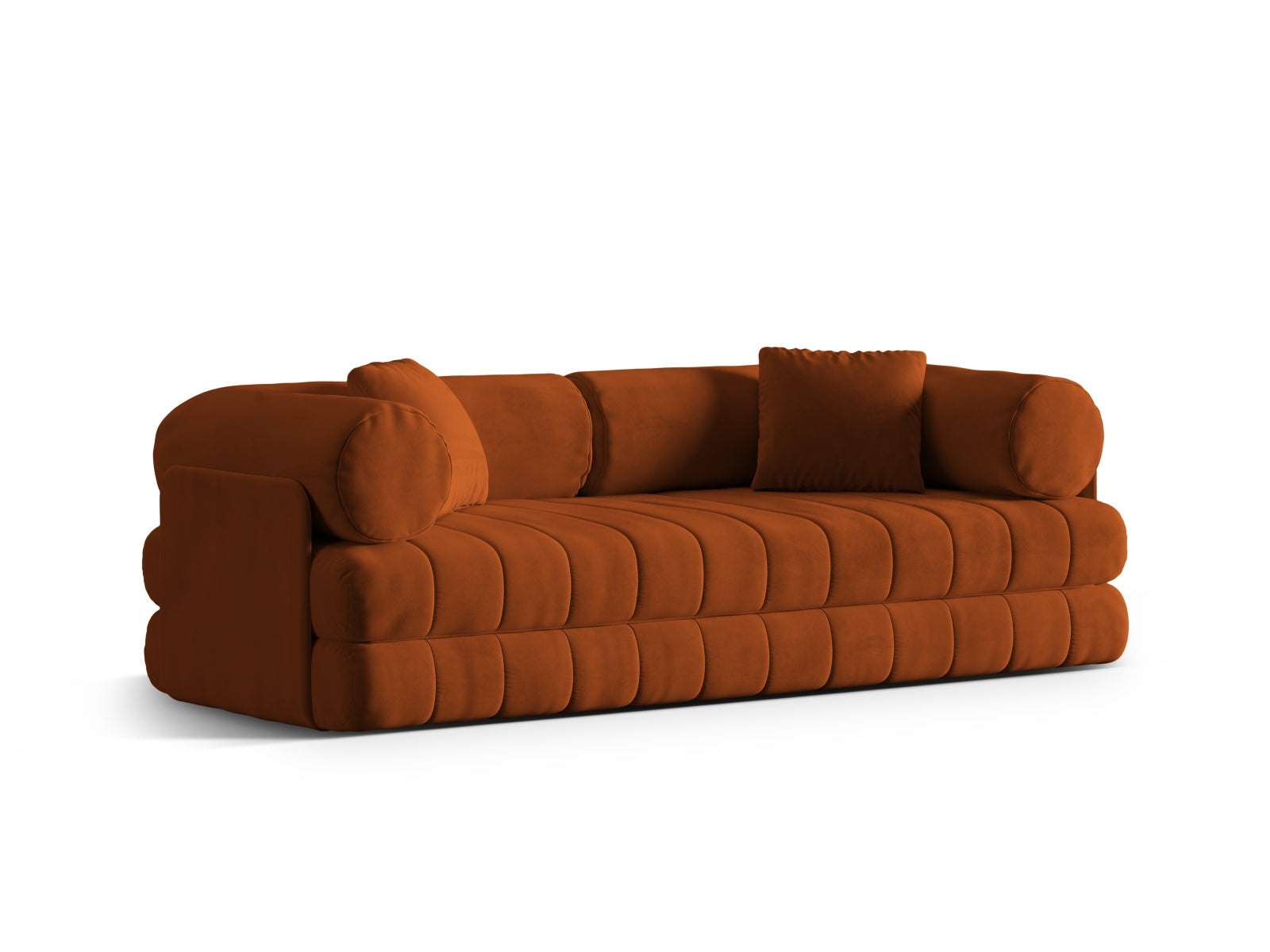 Modernes 3-Sitzer Kemi Velour Sofa in warmem Terracotta, vielseitig einsetzbar als Schlafsofa für Gäste und entspannte Abende.