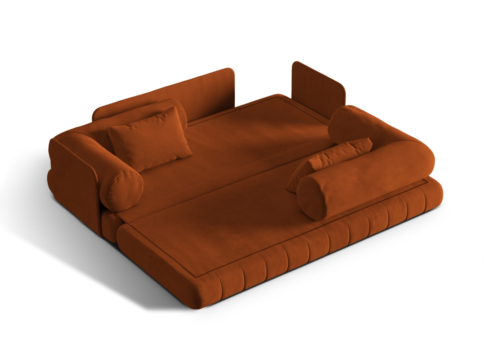 Elegantes Kemi Velour Sofa in Terracotta, ideal als 3-Sitzer und Schlafgelegenheit für stilvolle Wohnräume.