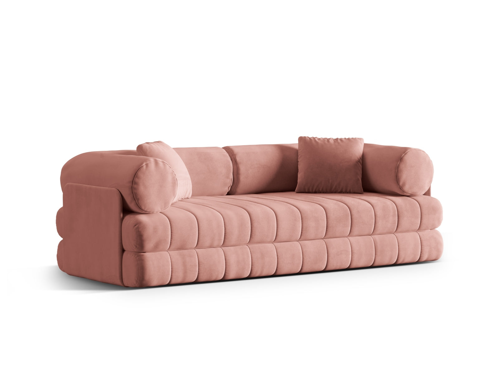 Stylisches Kemi Velour Sofa in sanftem Pink, 3-Sitzer mit praktischer Schlaffunktion, perfekt für moderne Wohnkonzepte und Übernachtungsgäste.