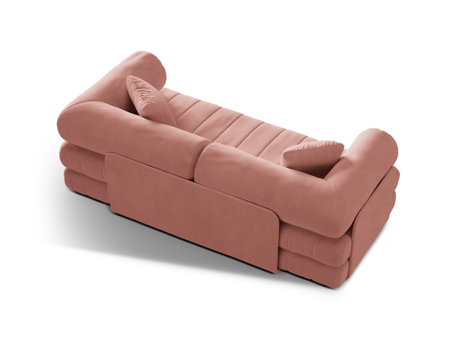 Stilvolles 3-Sitzer Sofa Kemi aus Velours in sanftem Rosa, multifunktional mit Schlaffunktion für gemütliche Übernachtungen.