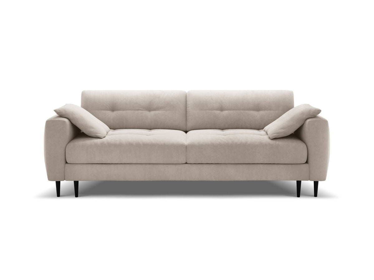 Cosmopolitan Design Lazio Bettsofa in Beige-Samt, 3-Sitzer mit ausklappbarer Liegefläche, Bettkasten und schwarzen Metallbeinen.