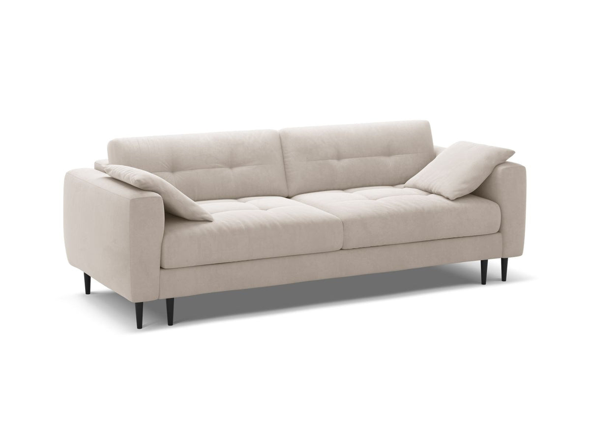 Cosmopolitan Design Lazio Bettsofa in Beige-Samt, 3-Sitzer mit ausklappbarer Liegefläche, Bettkasten und schwarzen Metallbeinen.