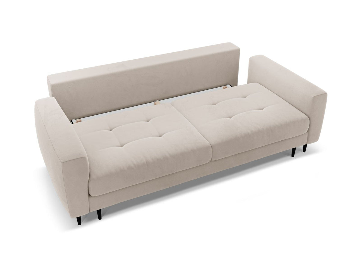 Cosmopolitan Design Lazio Bettsofa in Beige-Samt, 3-Sitzer mit ausklappbarer Liegefläche, Bettkasten und schwarzen Metallbeinen.