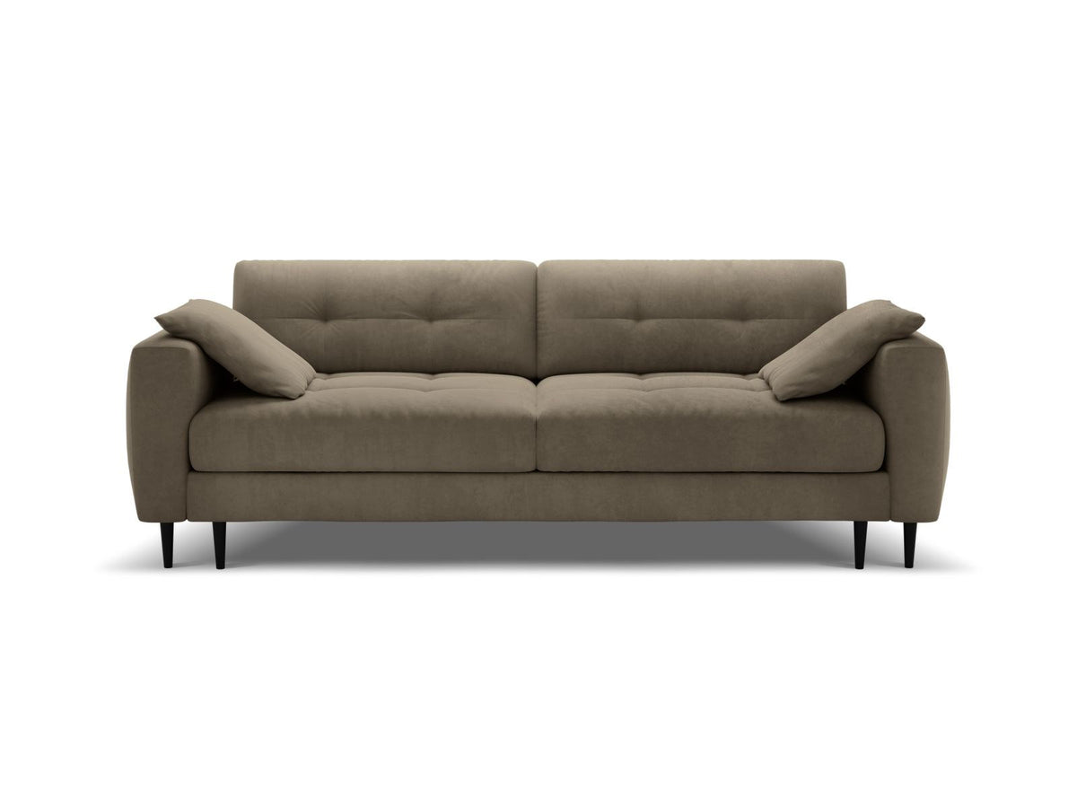 Cosmopolitan Design Lazio Bettsofa in Beige-Samt, 3-Sitzer mit ausklappbarer Liegefläche, Bettkasten und schwarzen Metallbeinen.