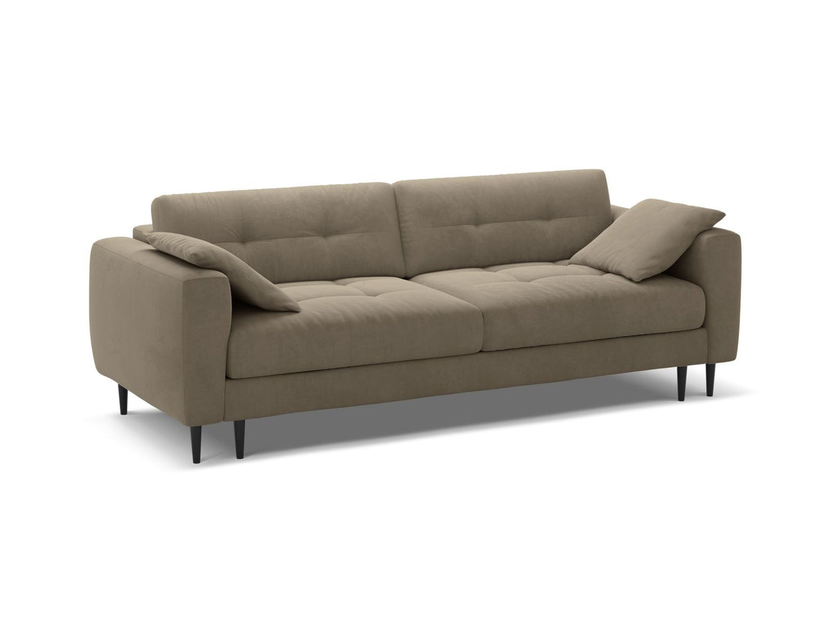 Cosmopolitan Design Lazio Bettsofa in Beige-Samt, 3-Sitzer mit ausklappbarer Liegefläche, Bettkasten und schwarzen Metallbeinen.