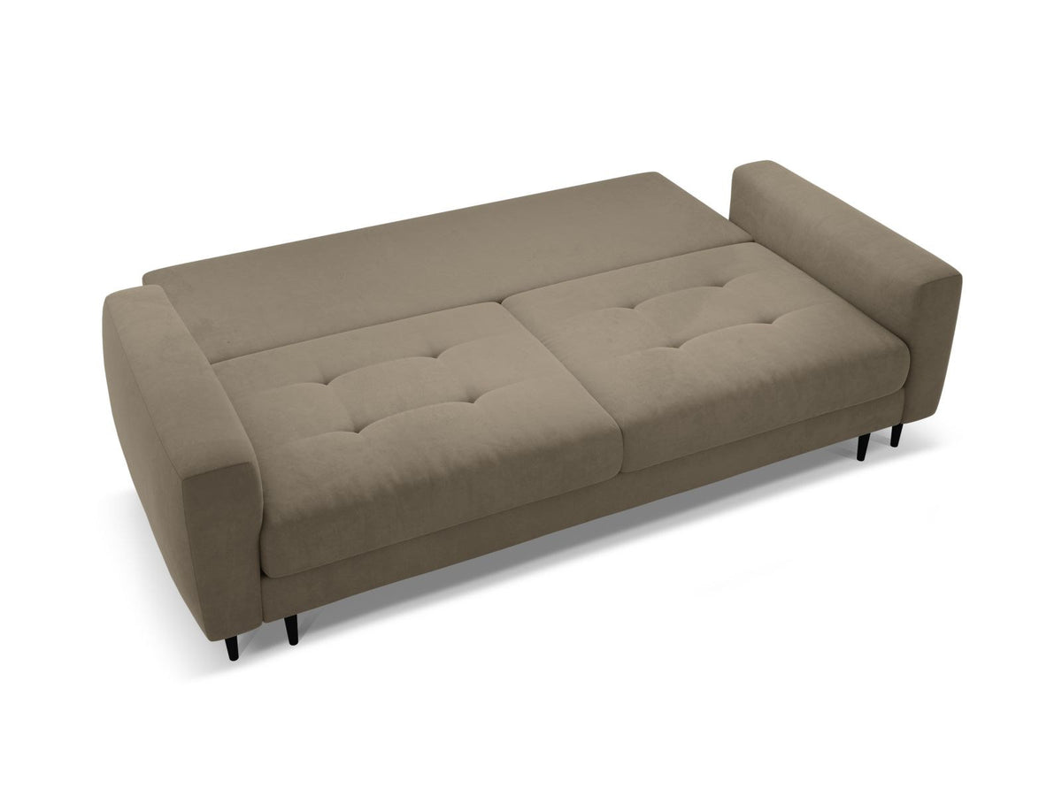 Cosmopolitan Design Lazio Bettsofa in Beige-Samt, 3-Sitzer mit ausklappbarer Liegefläche, Bettkasten und schwarzen Metallbeinen.