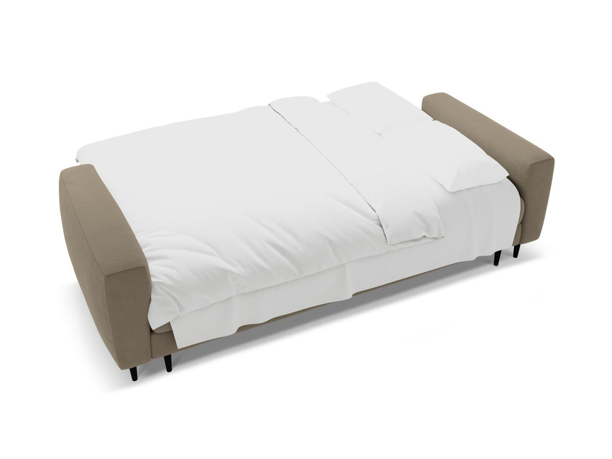 Cosmopolitan Design Lazio Bettsofa in Beige-Samt, 3-Sitzer mit ausklappbarer Liegefläche, Bettkasten und schwarzen Metallbeinen.