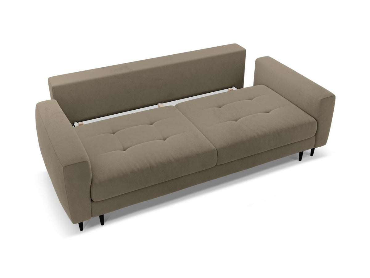 Cosmopolitan Design Lazio Bettsofa in Beige-Samt, 3-Sitzer mit ausklappbarer Liegefläche, Bettkasten und schwarzen Metallbeinen.