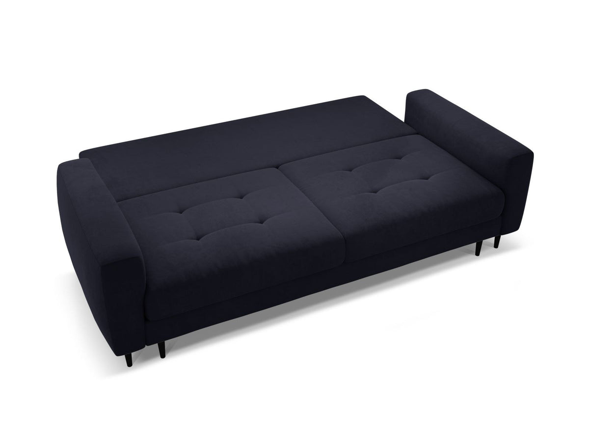 Cosmopolitan Design Lazio Bettsofa in Beige-Samt, 3-Sitzer mit ausklappbarer Liegefläche, Bettkasten und schwarzen Metallbeinen.