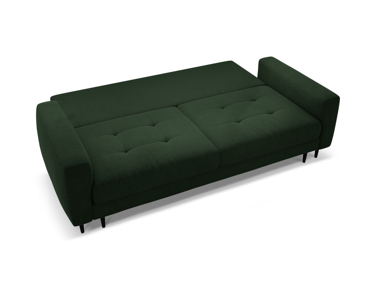 Cosmopolitan Design Lazio Bettsofa in Beige-Samt, 3-Sitzer mit ausklappbarer Liegefläche, Bettkasten und schwarzen Metallbeinen.