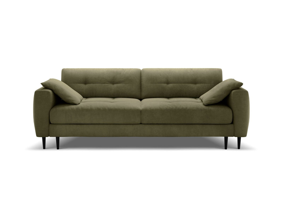 Cosmopolitan Design Lazio Bettsofa in Beige-Samt, 3-Sitzer mit ausklappbarer Liegefläche, Bettkasten und schwarzen Metallbeinen.