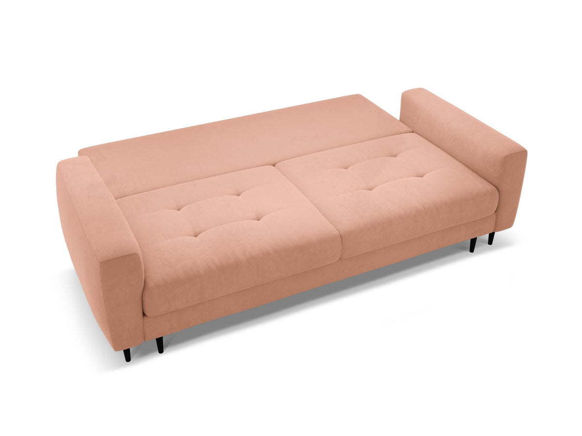 Cosmopolitan Design Lazio Bettsofa in Beige-Samt, 3-Sitzer mit ausklappbarer Liegefläche, Bettkasten und schwarzen Metallbeinen.