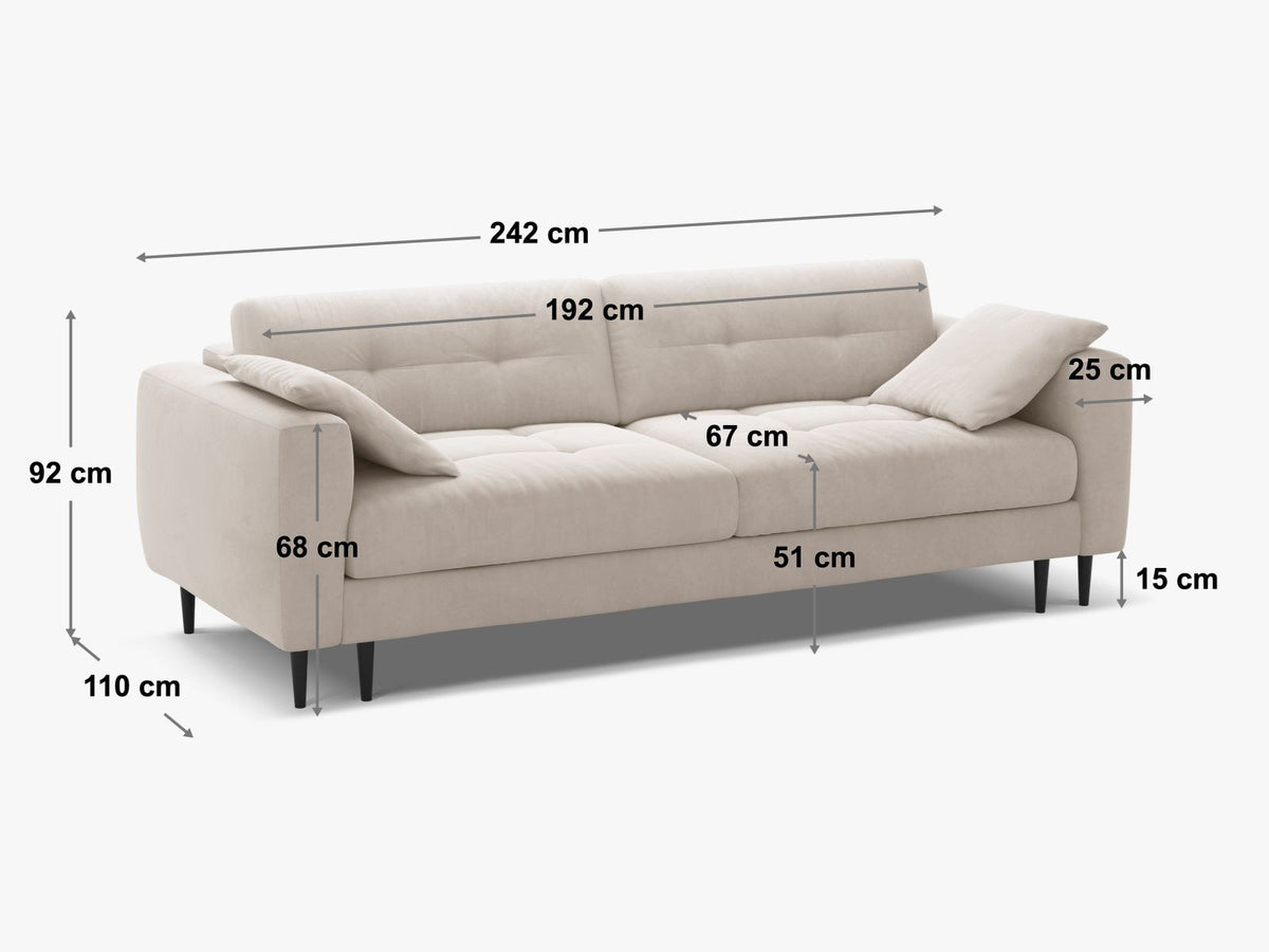 Cosmopolitan Design Lazio Bettsofa in Beige-Samt, 3-Sitzer mit ausklappbarer Liegefläche, Bettkasten und schwarzen Metallbeinen.
