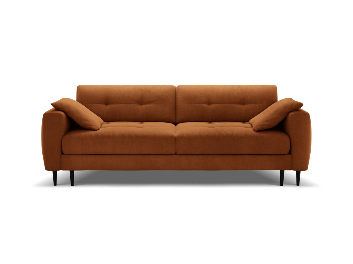 Cosmopolitan Design Lazio Bettsofa in Beige-Samt, 3-Sitzer mit ausklappbarer Liegefläche, Bettkasten und schwarzen Metallbeinen.