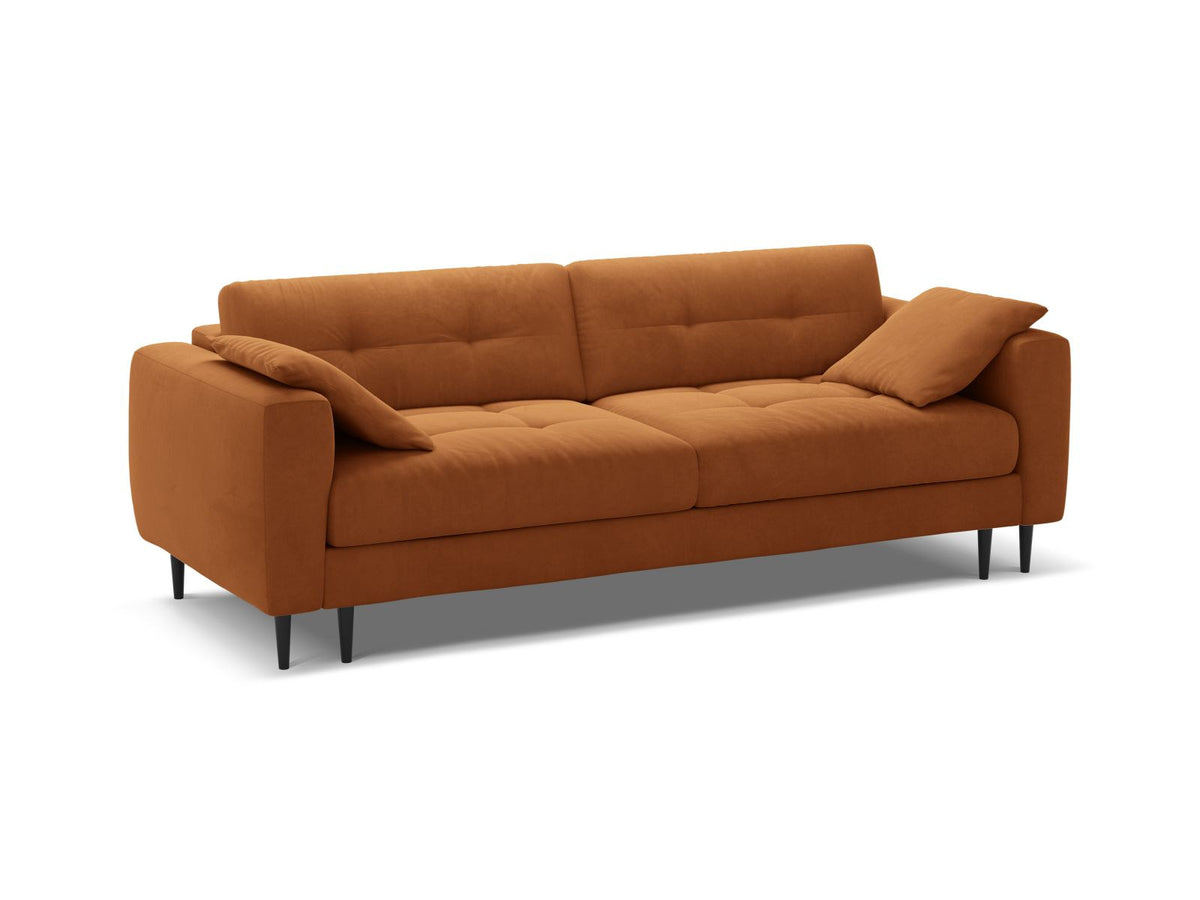 Cosmopolitan Design Lazio Bettsofa in Beige-Samt, 3-Sitzer mit ausklappbarer Liegefläche, Bettkasten und schwarzen Metallbeinen.
