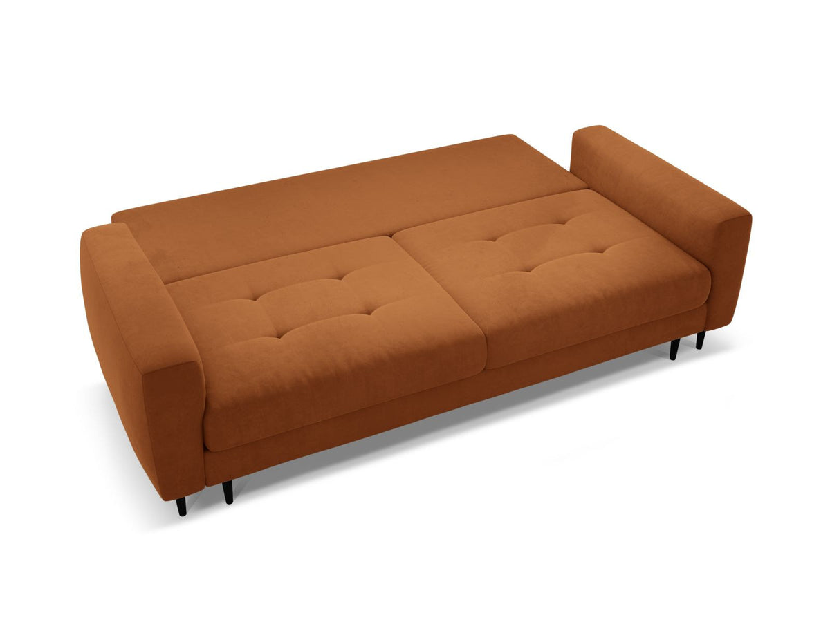 Cosmopolitan Design Lazio Bettsofa in Beige-Samt, 3-Sitzer mit ausklappbarer Liegefläche, Bettkasten und schwarzen Metallbeinen.