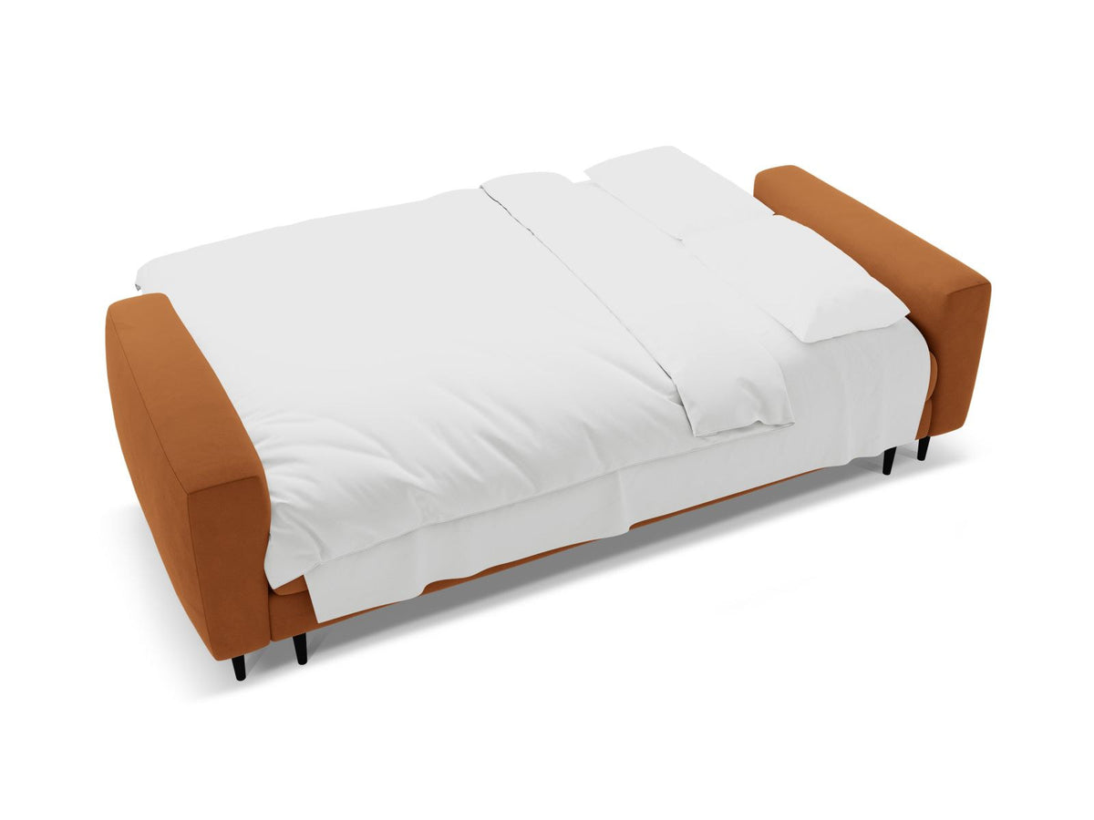 Cosmopolitan Design Lazio Bettsofa in Beige-Samt, 3-Sitzer mit ausklappbarer Liegefläche, Bettkasten und schwarzen Metallbeinen.