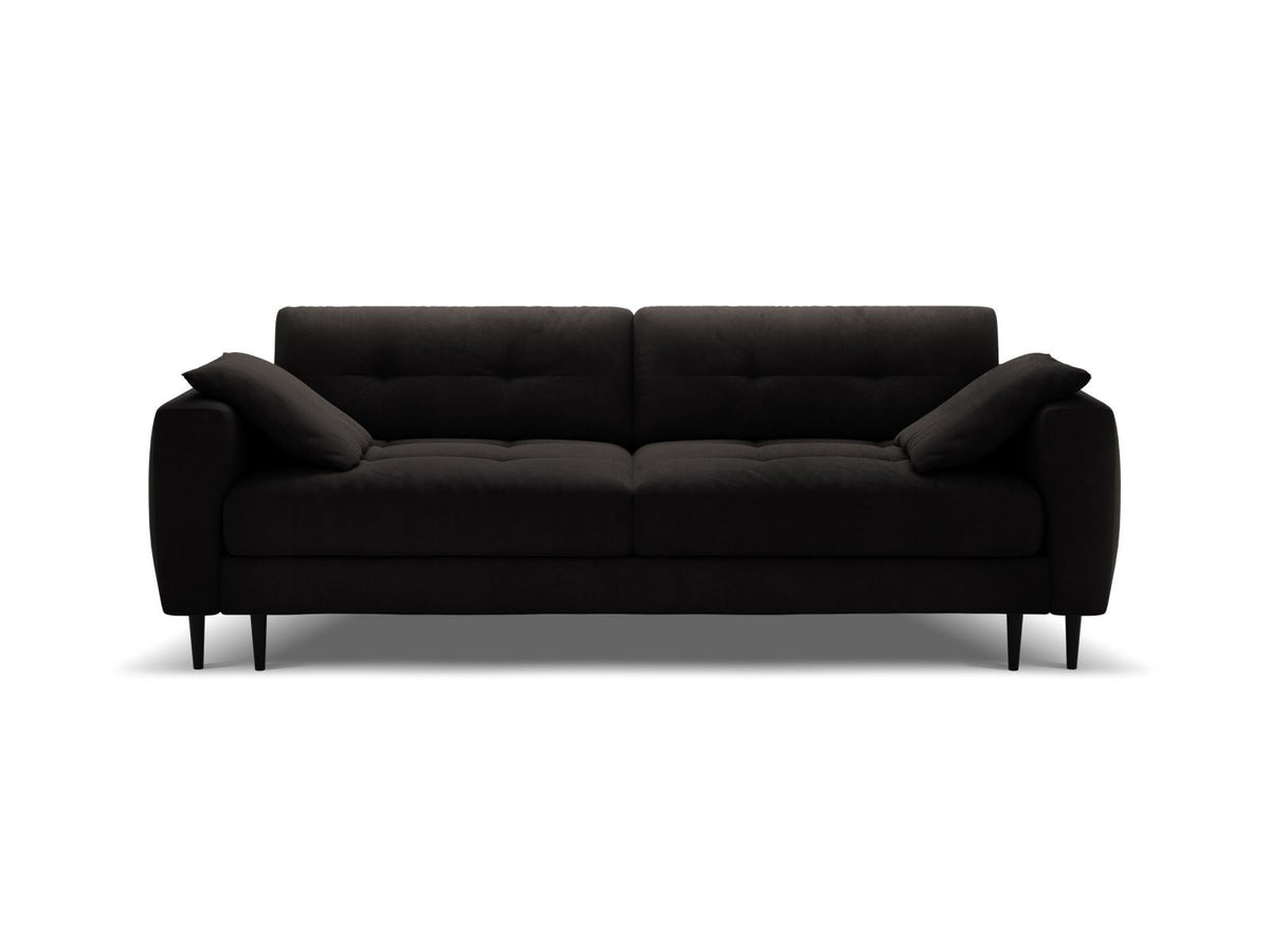 Cosmopolitan Design Lazio Bettsofa in Beige-Samt, 3-Sitzer mit ausklappbarer Liegefläche, Bettkasten und schwarzen Metallbeinen.
