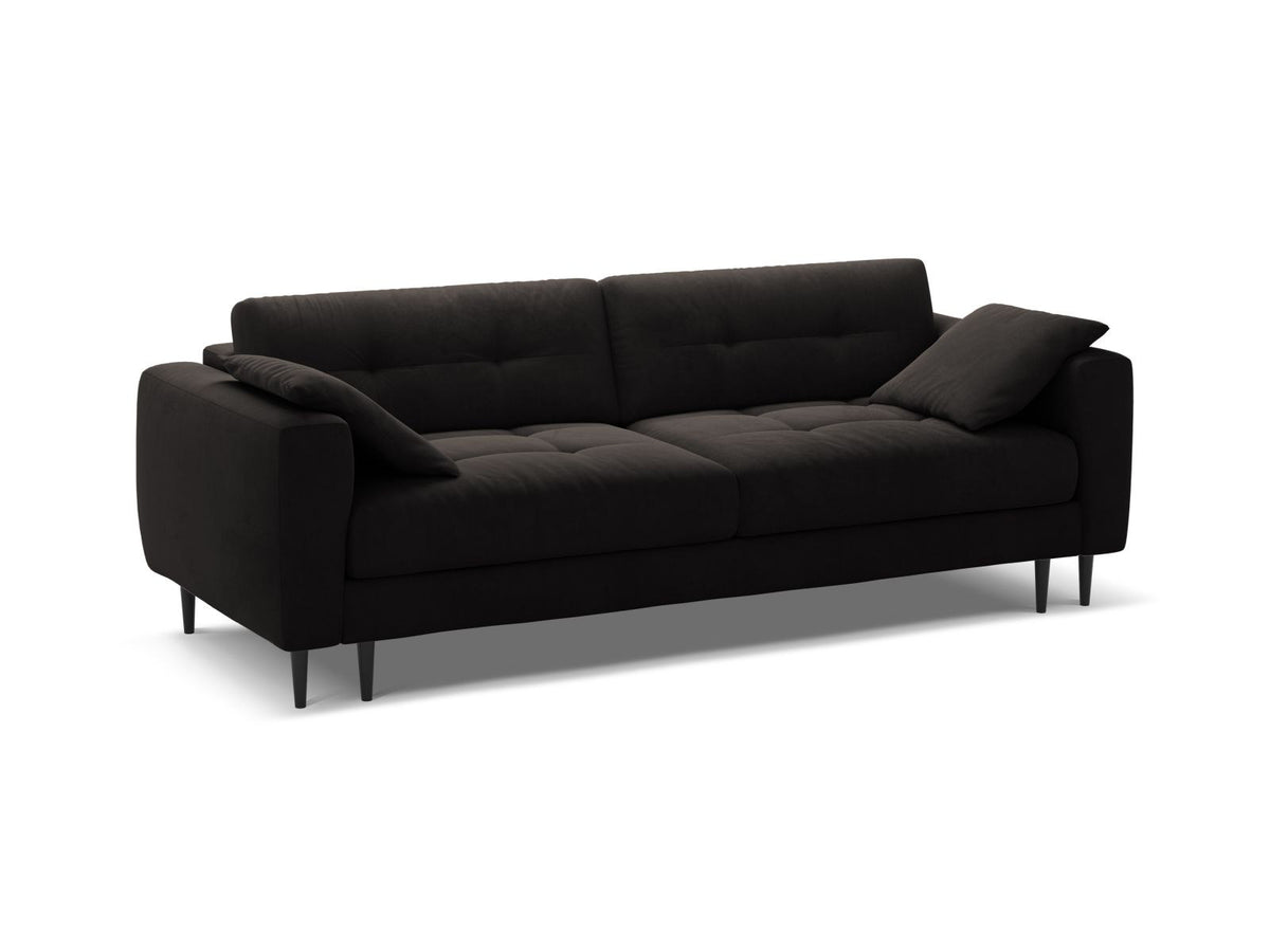 Cosmopolitan Design Lazio Bettsofa in Beige-Samt, 3-Sitzer mit ausklappbarer Liegefläche, Bettkasten und schwarzen Metallbeinen.