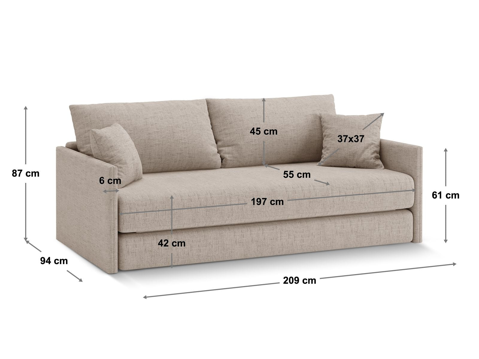 Elegantes 3-Sitzer Sofa Shannon in Beige, vielseitig einsetzbar als Schlafsofa, perfekt für stilvolle und funktionale Wohnräume.