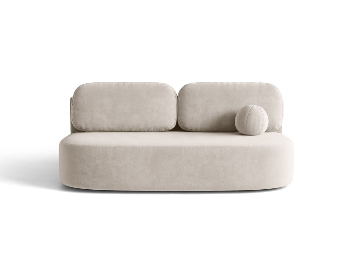 Beige Samt-Bettsofa Sophia von Cosmopolitan Design mit Bettkasten, Massivholzrahmen und schwarzen Kunststoffbeinen, drei Sitzplätze.