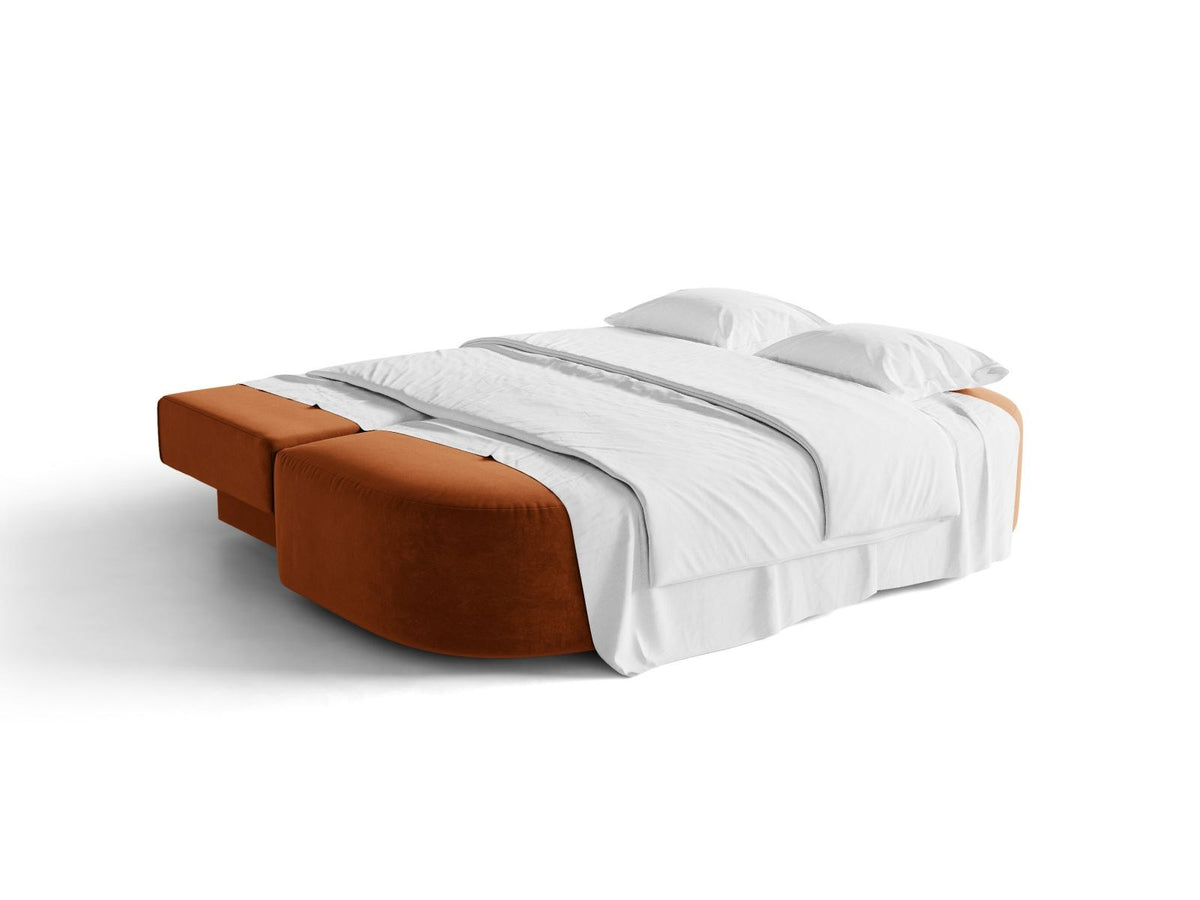 Beige Samt-Bettsofa Sophia von Cosmopolitan Design mit Bettkasten, Massivholzrahmen und schwarzen Kunststoffbeinen, drei Sitzplätze.