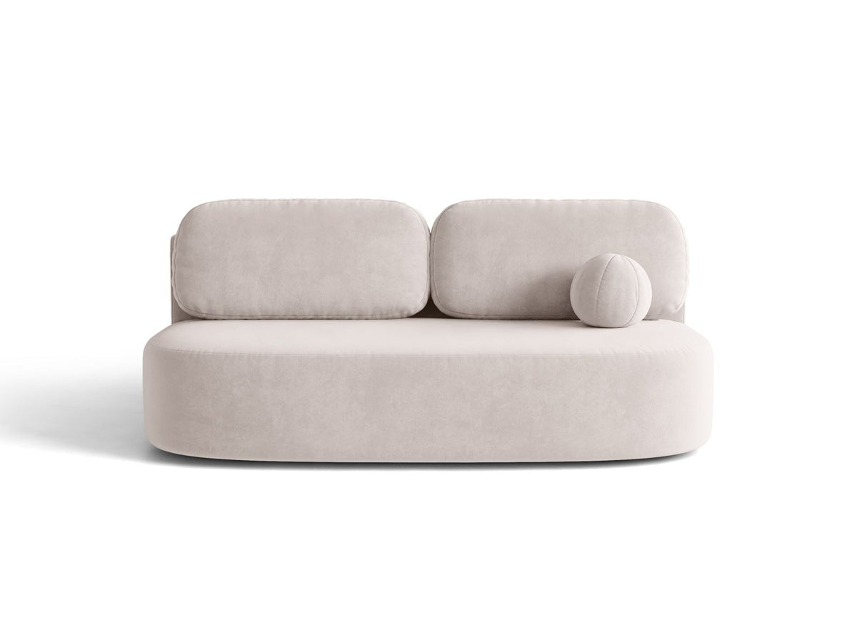 Beige Samt-Bettsofa Sophia von Cosmopolitan Design mit Bettkasten, Massivholzrahmen und schwarzen Kunststoffbeinen, drei Sitzplätze.