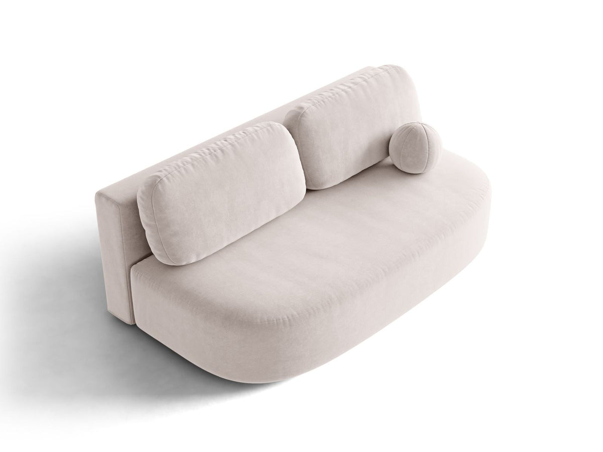 Beige Samt-Bettsofa Sophia von Cosmopolitan Design mit Bettkasten, Massivholzrahmen und schwarzen Kunststoffbeinen, drei Sitzplätze.