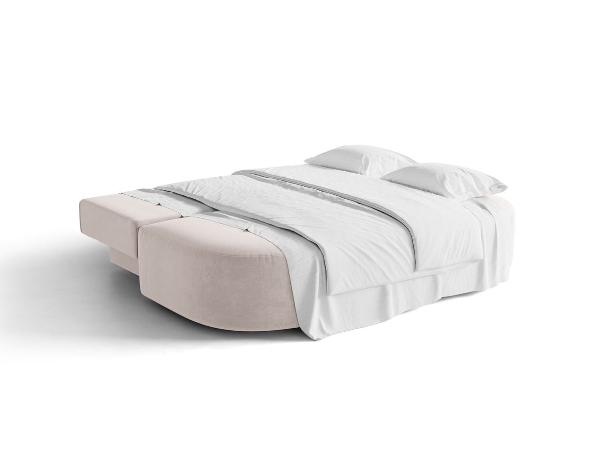 Beige Samt-Bettsofa Sophia von Cosmopolitan Design mit Bettkasten, Massivholzrahmen und schwarzen Kunststoffbeinen, drei Sitzplätze.