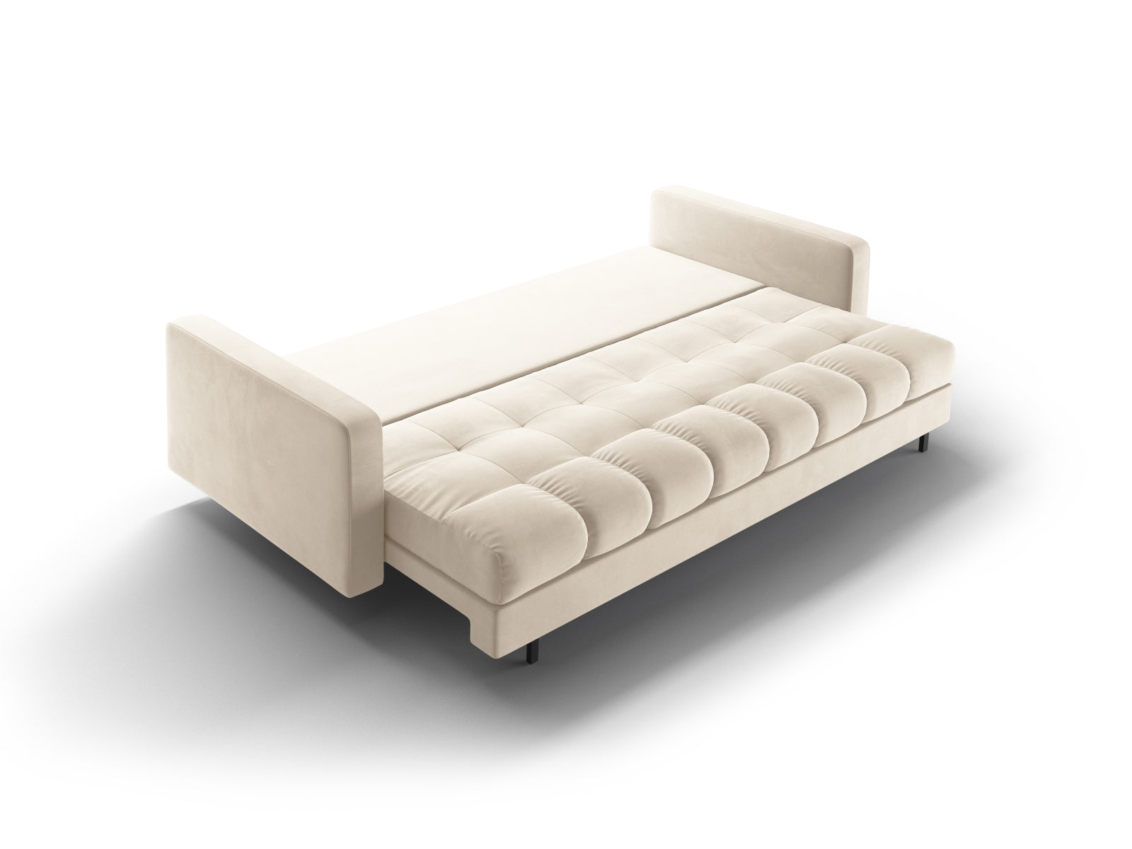 Modernes 3-Sitzer Sofa Bali in sanftem Beige, perfekt für stilvolle Wohnräume, mit cleverer Schlaffunktion und integriertem Stauraum.