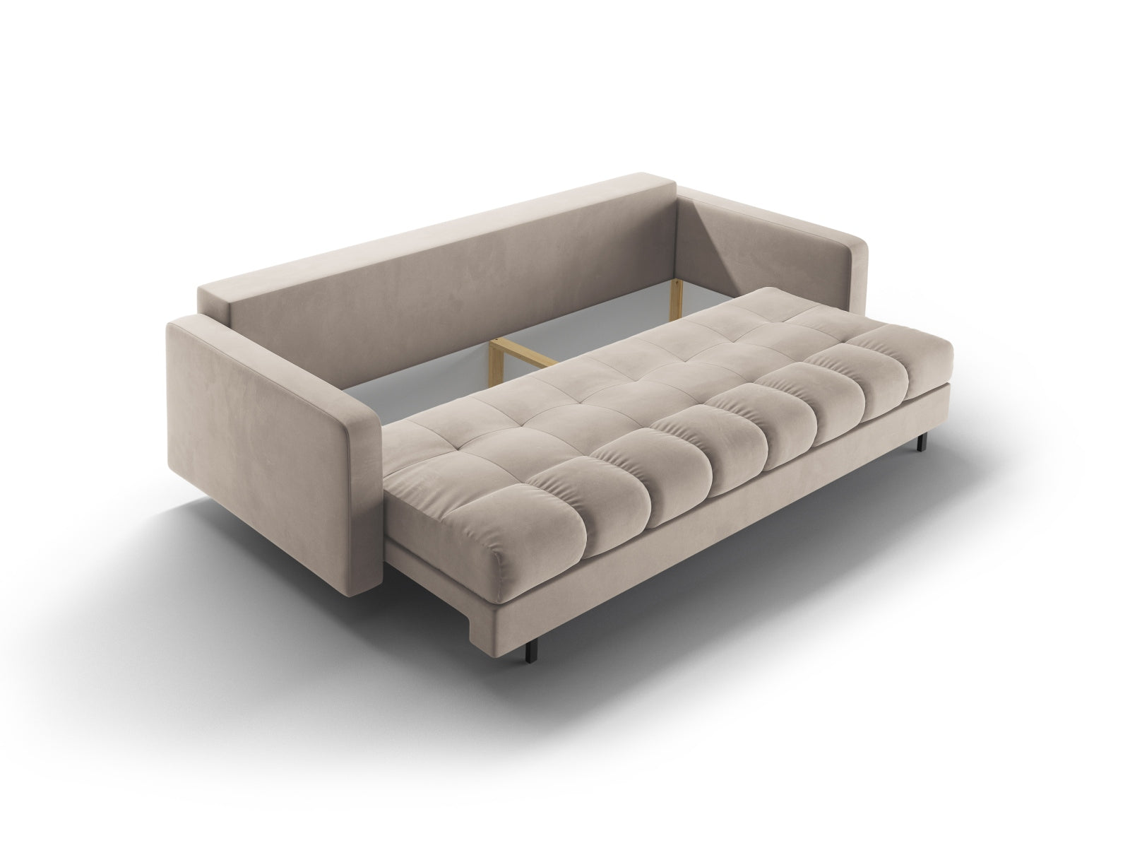 Modernes 3-Sitzer Sofa Bali in stilvollem Dunkelbeige, ideal für kleine Räume, bietet Schlafgelegenheit und cleveren Stauraum.