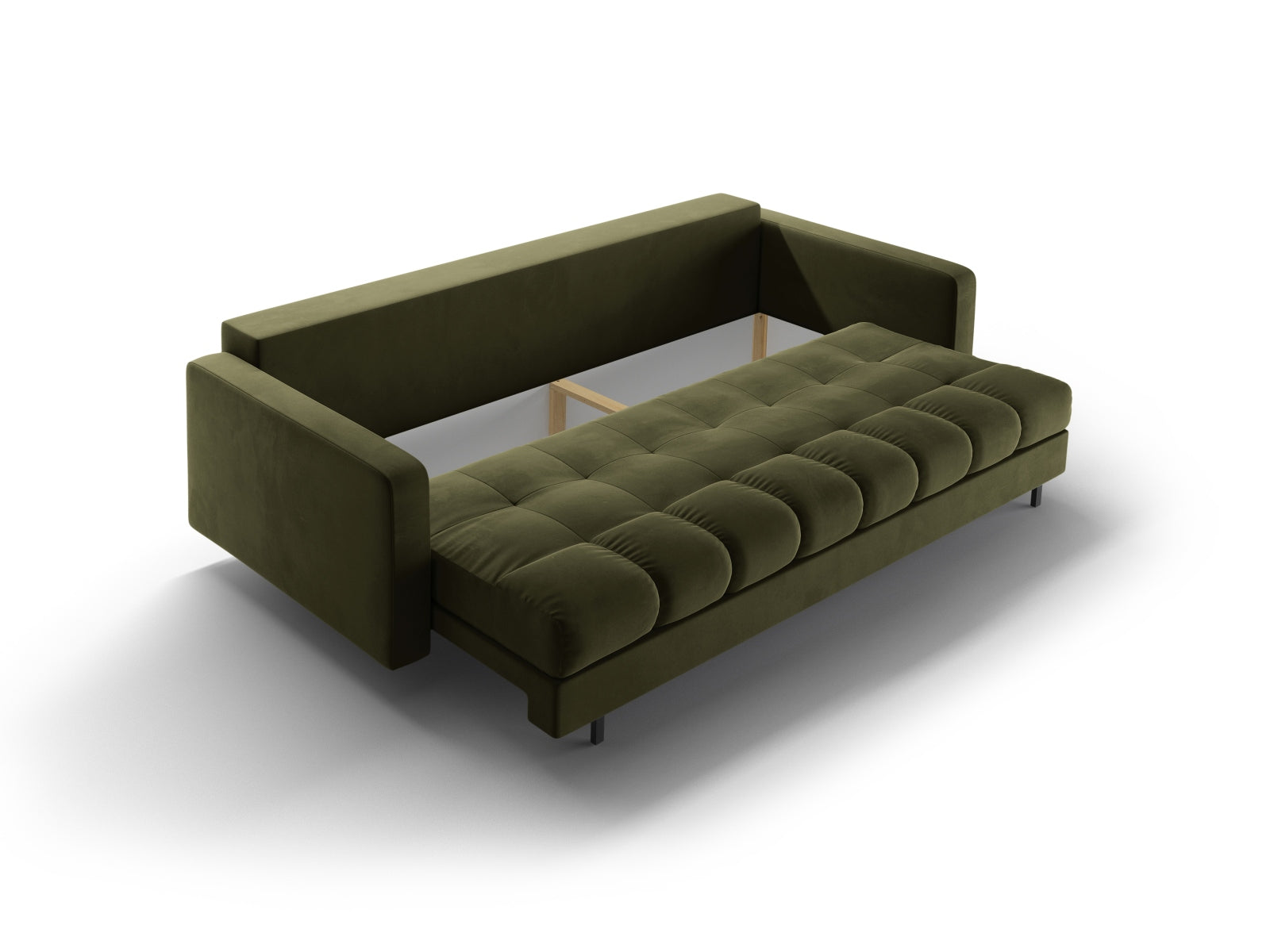 Stylisches 3-Sitzer Sofa Bali in modernem Green-Bluvel, perfekt für entspannte Stunden und als funktionales Schlafsofa mit zusätzlichem Stauraum.