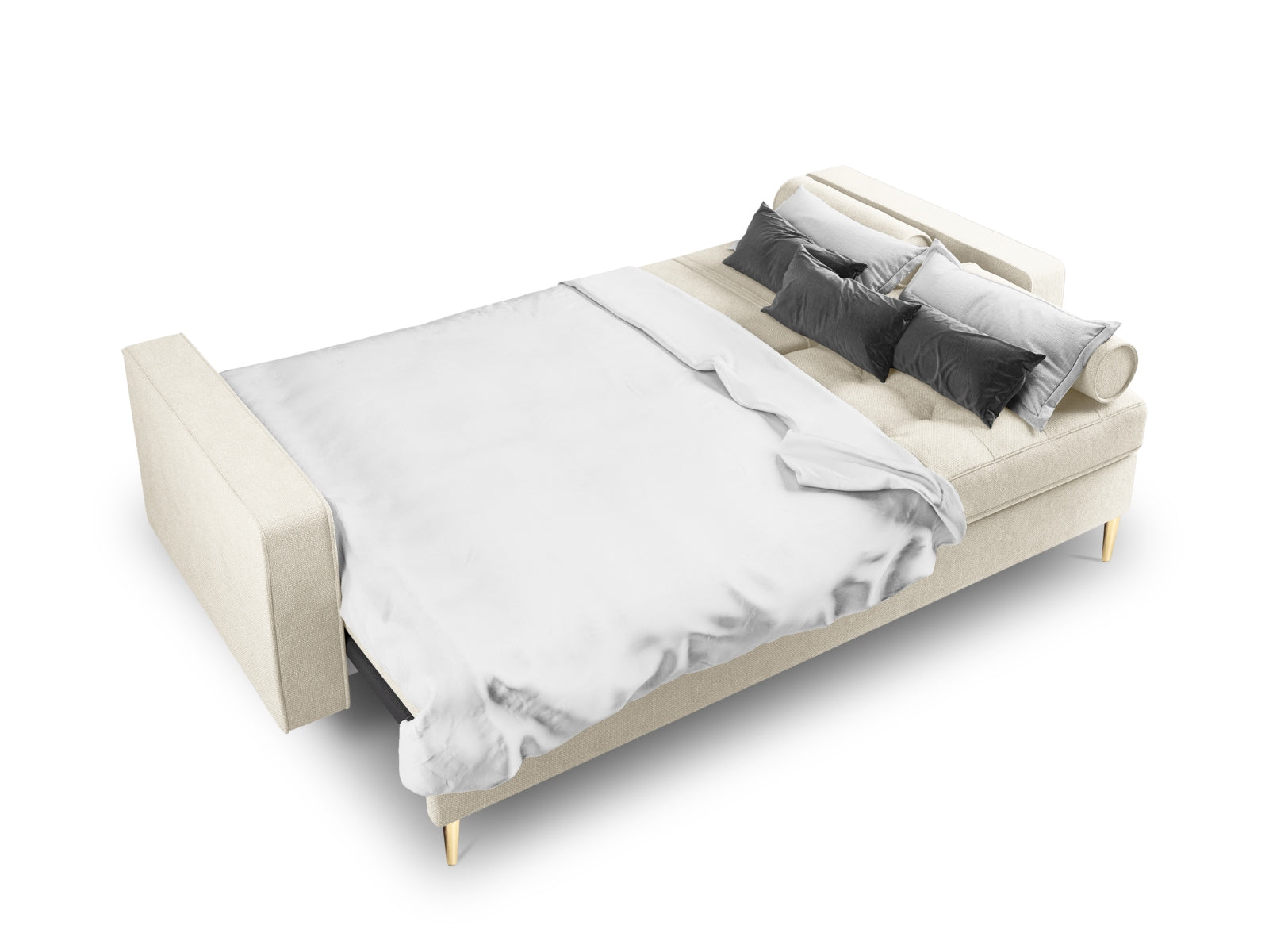 Elegantes 3-Sitzer Sofa Aspen in neutralem Beige, ideal für kleine Räume, bietet praktische Schlaffunktion und Stauraum für zusätzlichen Komfort.