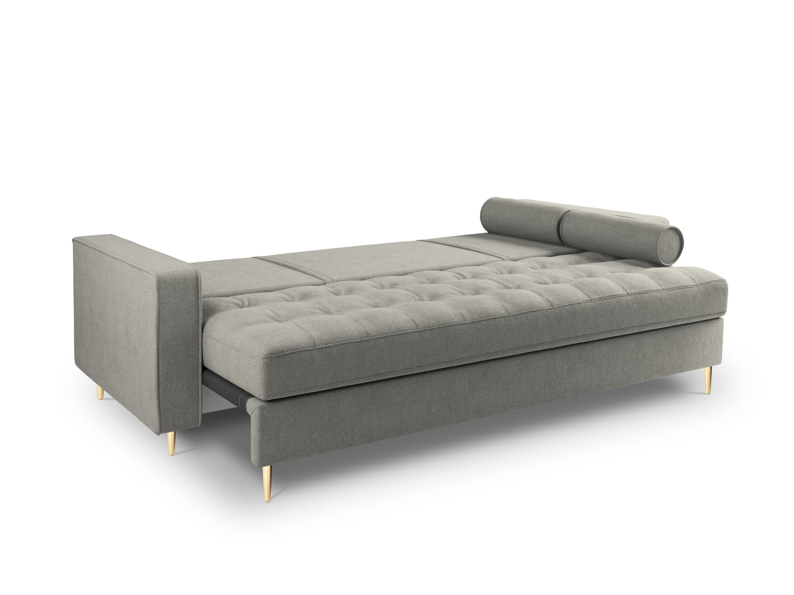 Modernes 3-Sitzer Sofa Aspen in stilvollem Grau, perfekt für kompakte Wohnräume, mit praktischer Schlaffunktion und integriertem Stauraum.