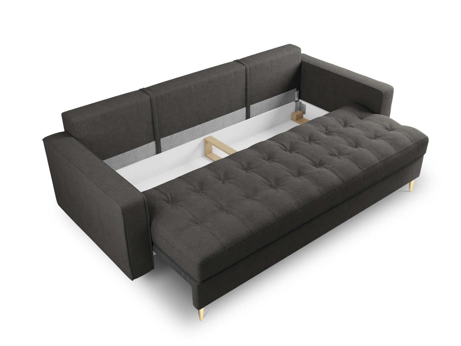 Modernes 3-Sitzer Sofa Aspen in elegantem Dunkelgrau, kombiniert Komfort mit Funktionalität durch Schlaffunktion und integrierten Stauraum.