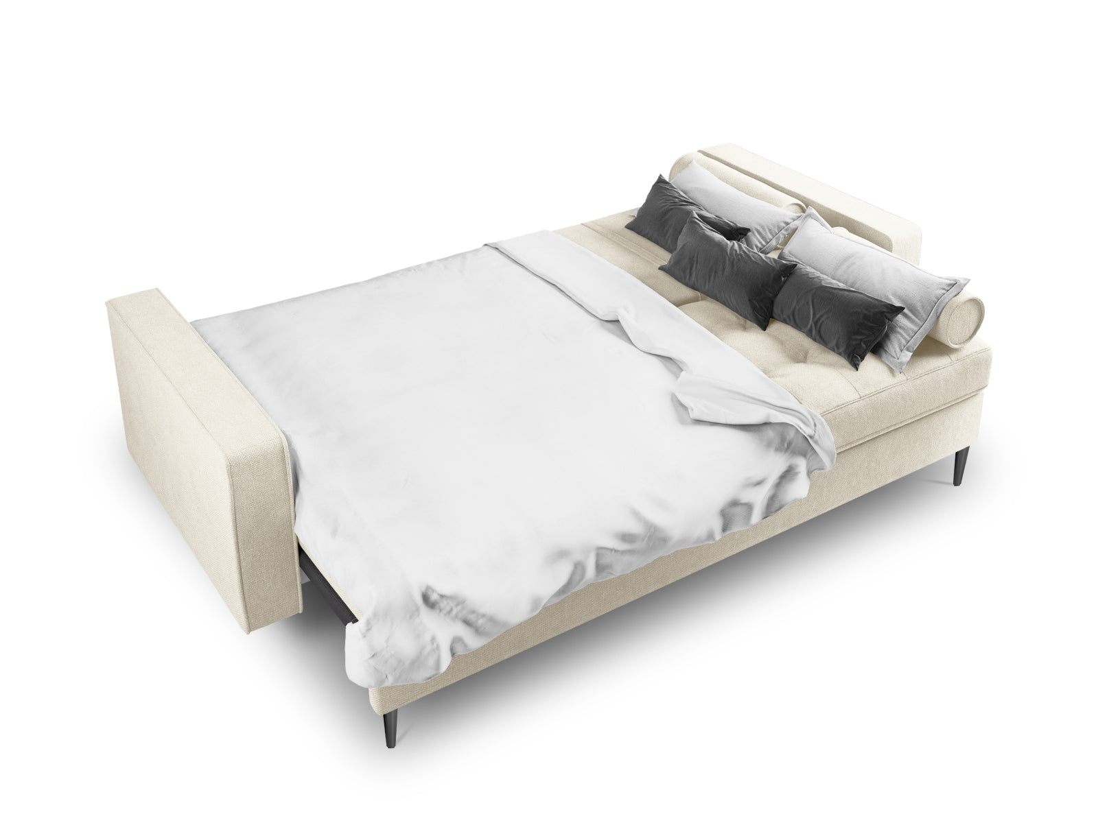 Modernes 3-Sitzer Sofa Aspen in neutralem Beige, perfekt für kompakte Wohnräume, mit integrierter Schlaffunktion und cleverem Stauraum.
