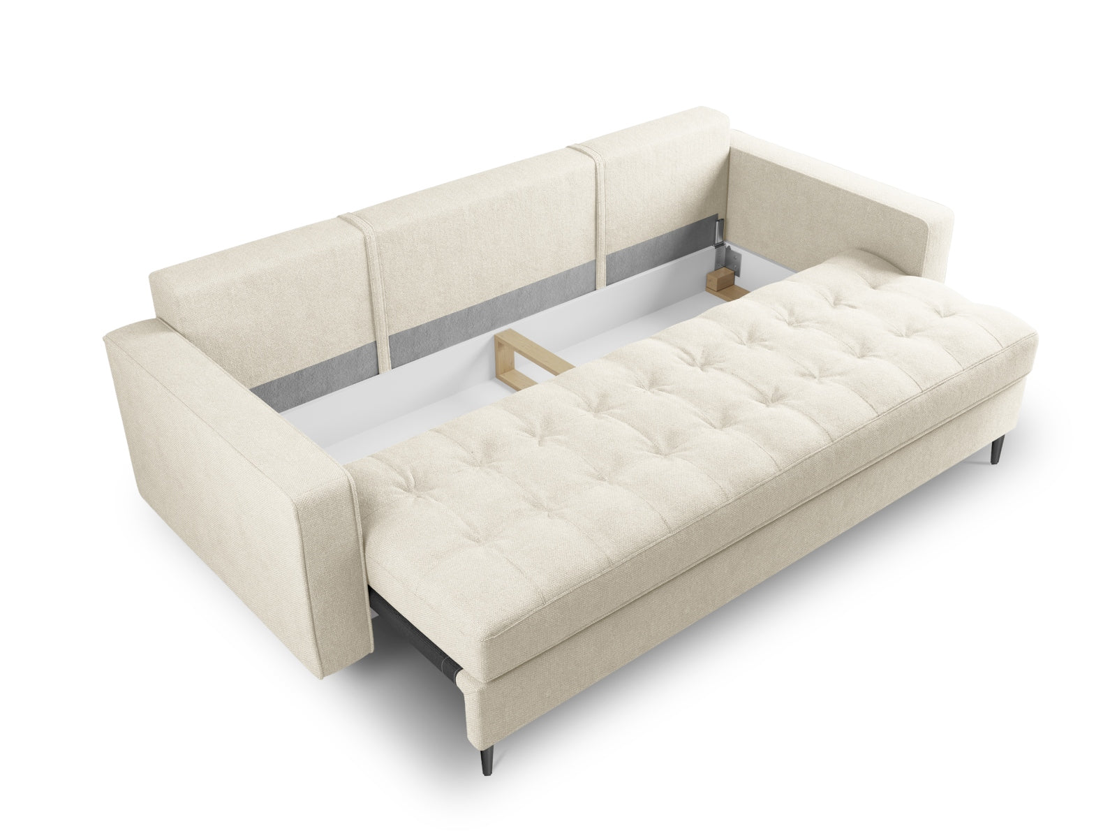 Stylisches 3-Sitzer Sofa Aspen in elegantem Beige, ideal für kleine Räume, bietet praktische Schlaffunktion und zusätzlichen Stauraum.