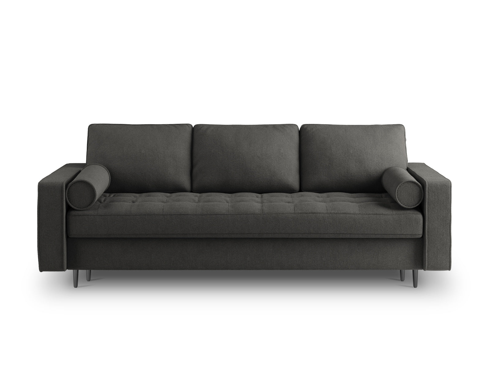 Stylisches 3-Sitzer Bettsofa Aspen in dunklem Grau, ideal für kleine Räume mit praktischer Schlaffunktion und integriertem Stauraum.