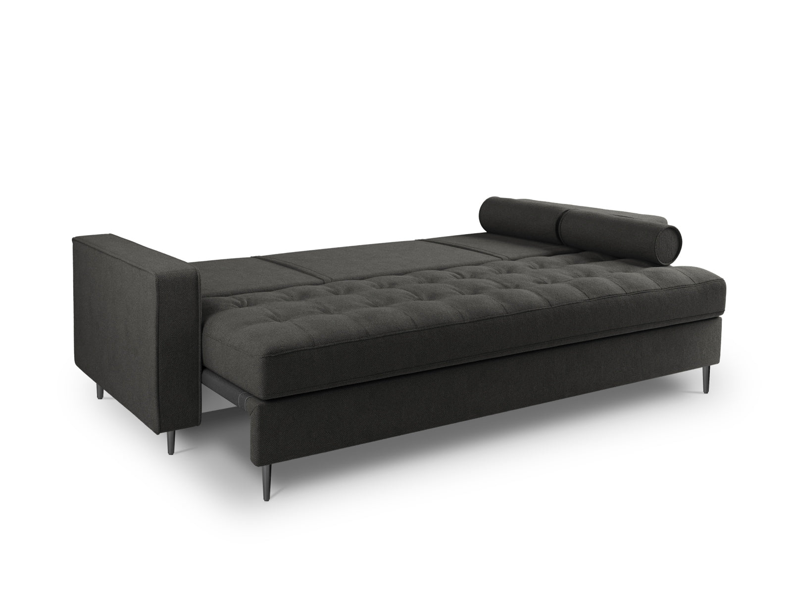 Stylisches 3-Sitzer Bettsofa Aspen in dunklem Grau, ideal für kleine Räume, mit praktischer Schlaffunktion und integriertem Stauraum.