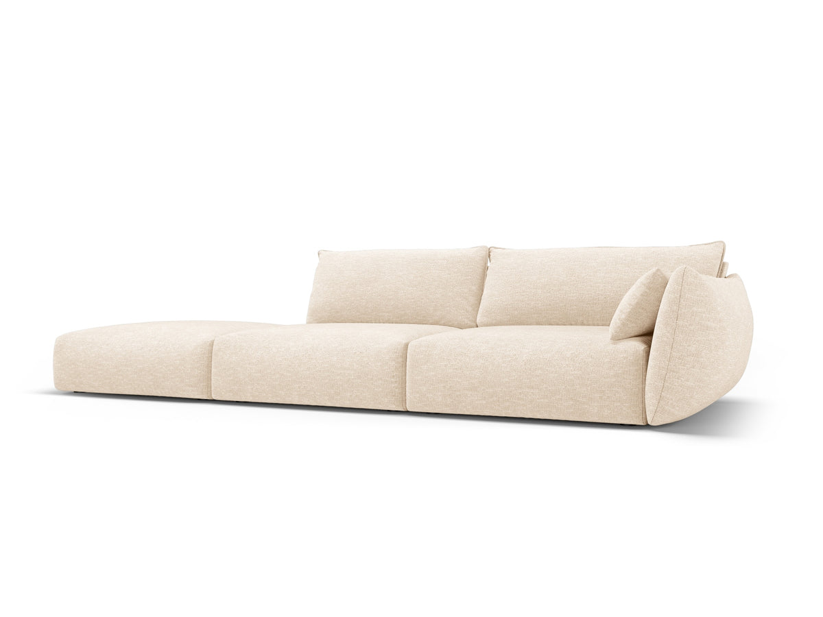 Matera 4er Sofa links mit Stoffbezug, Ottoman-Modul und schwarzen Kunststoffbeinen