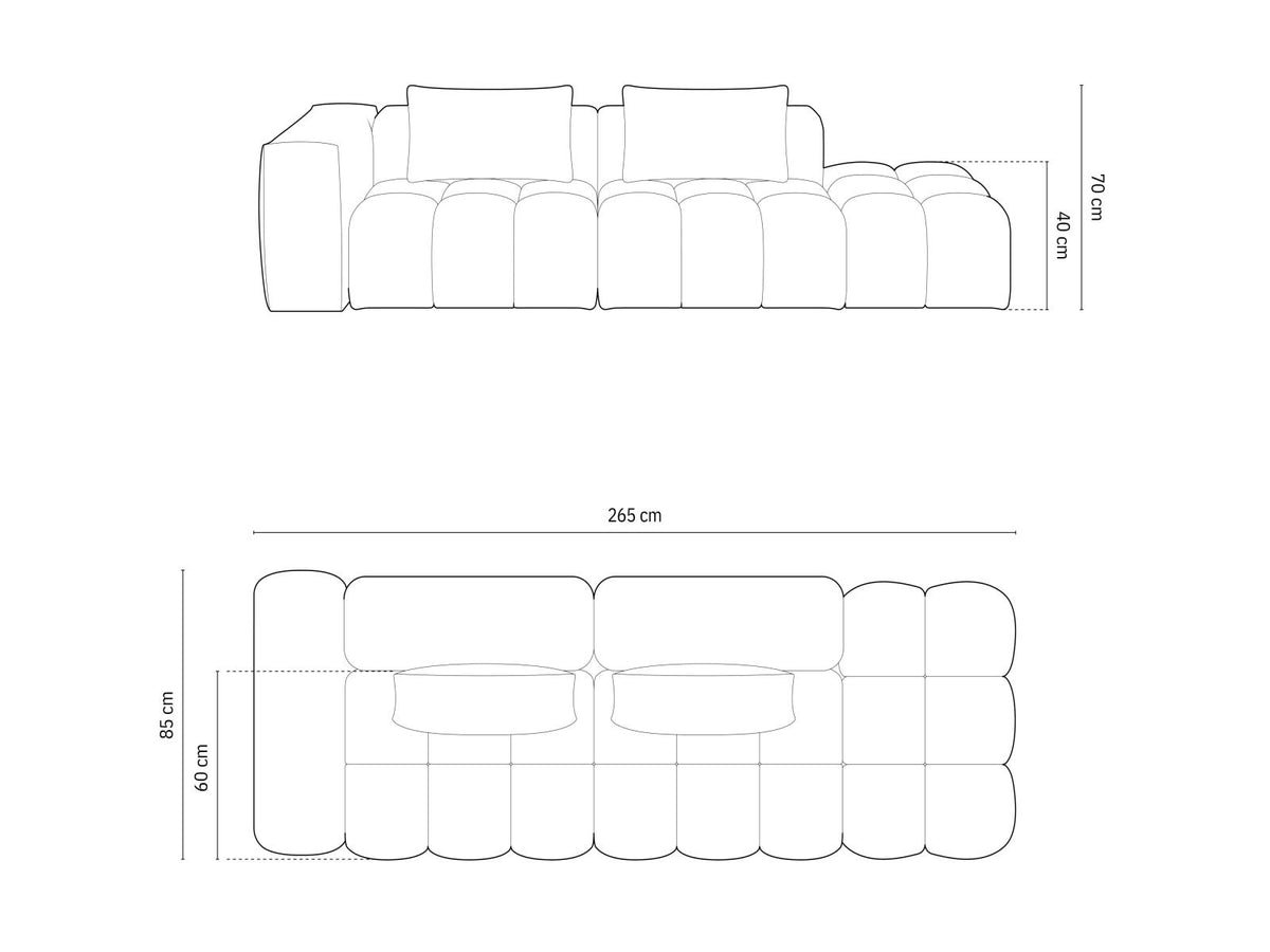 Modulares 4er Sofa Verona mit sandfarbenem Casino-Samtbezug, schwarzen Kunststoffbeinen und geradliniger Rückenlehne, Ansicht von links.