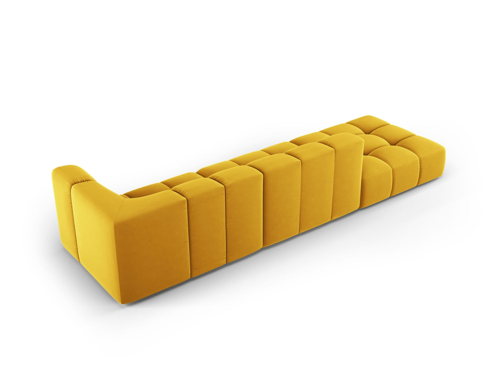 Modulares 4-Sitzer Sofa Moritz in Yellow-Bluvel, perfekt für zeitgemäße Einrichtungen, vereint Komfort und modernes Design.