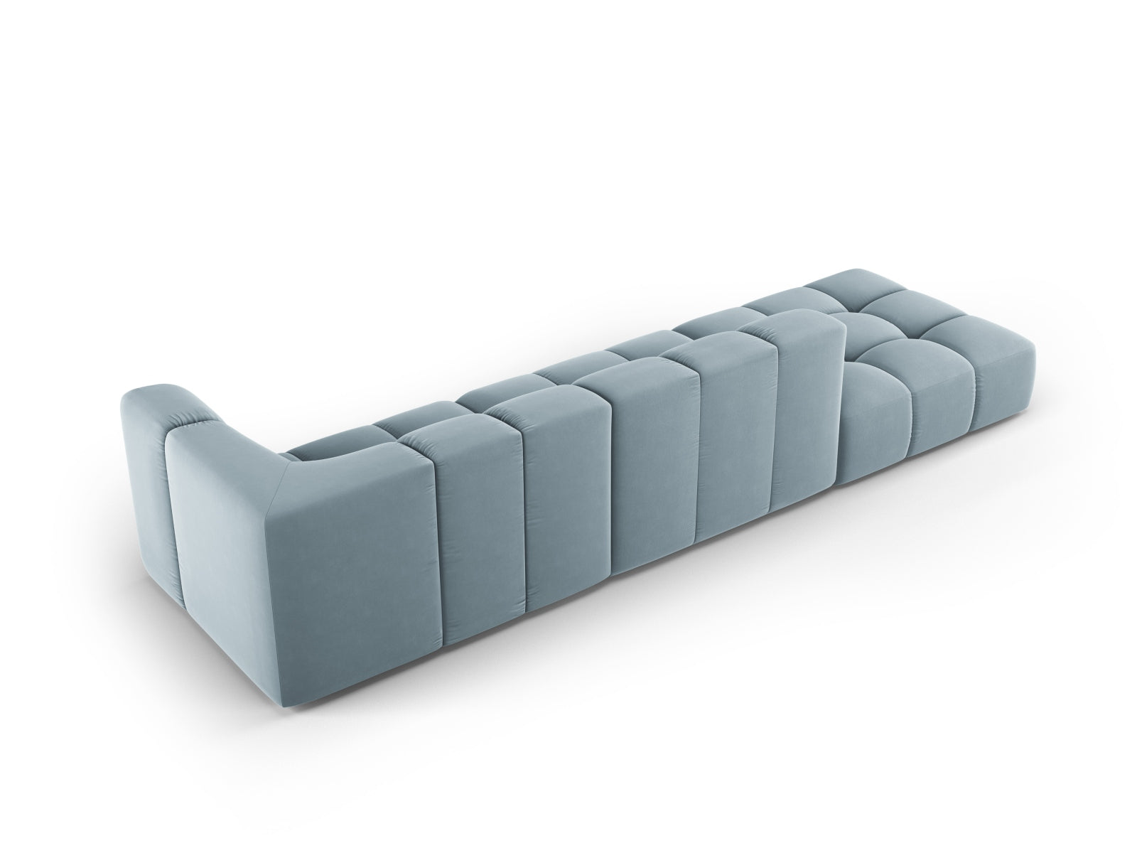 Modulares 4-Sitzer Sofa Moritz in zartem Hellblau, perfekt für stilvolle Wohnzimmer und vielseitige Einrichtungsmöglichkeiten.